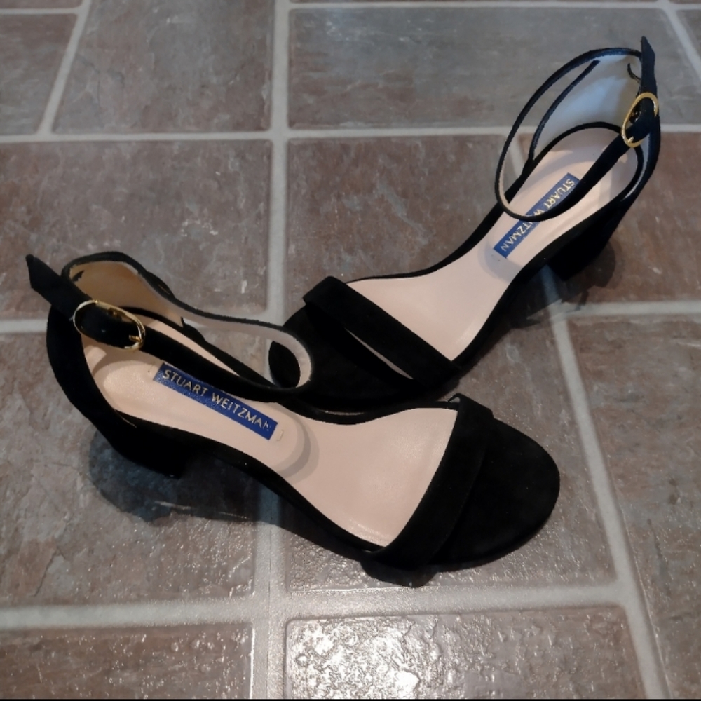 Stuart Weitzman black Suede Simple strapy block heel sandal size 4 - Picture 2 of 7
